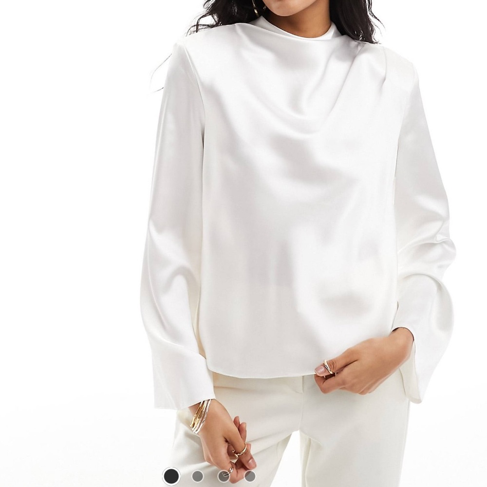 Elegant White Satin Blouse High Neck Cowl Neck Long Sleeve Top Ivory White 2